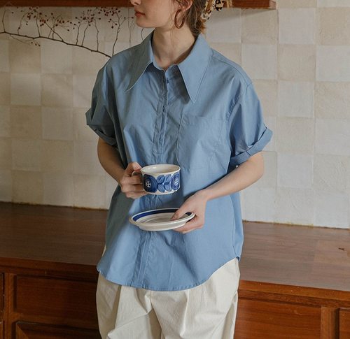 宽松慵懒开衫短袖棉纯色衬衫