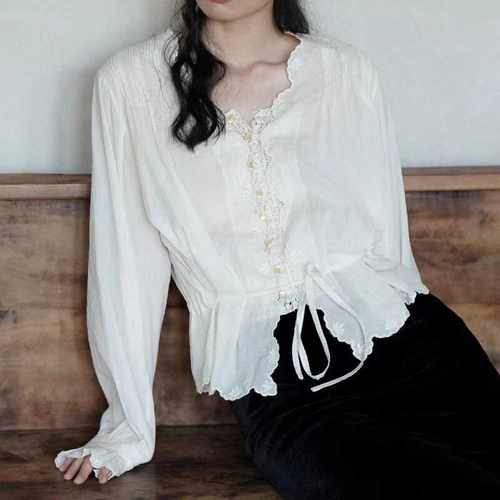 棉衬衫蕾丝花边宽松纽扣