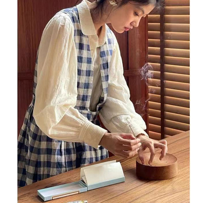 雨露麻古典亚麻蓝白格