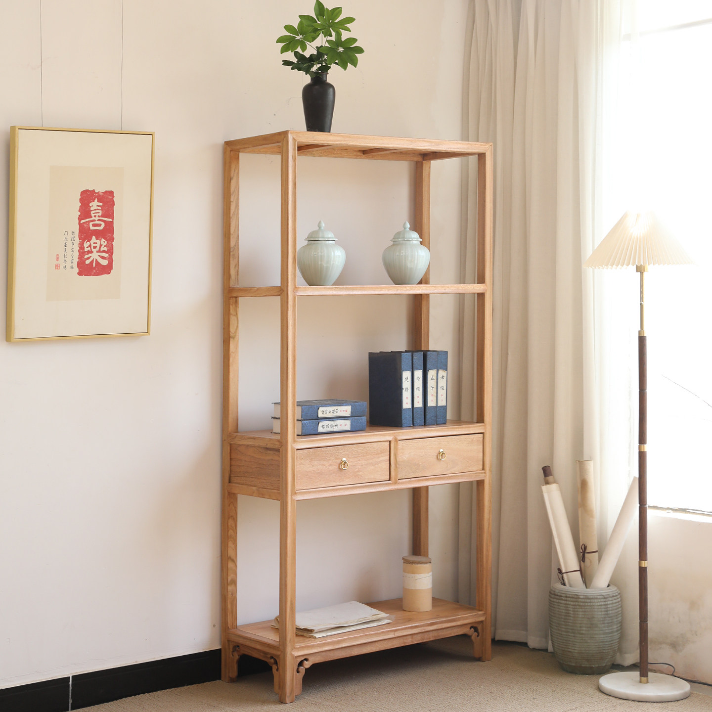 香樟木全原木实木书架新中式博古架置物架茶室茶叶展示架工厂定制