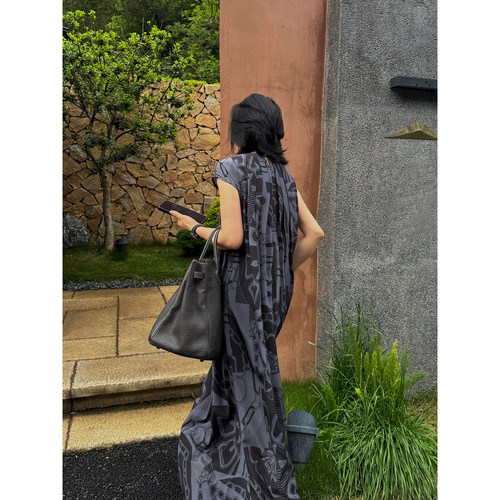 TOFOD 昨日重现 松驰贵气 重磅真丝高级印花无袖宽松连衣裙