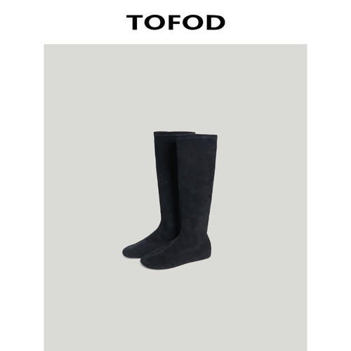 TOFOD 直腿密码 羊绒靴进口羊反绒皮圆头长靴小腿靴 弹力袜靴