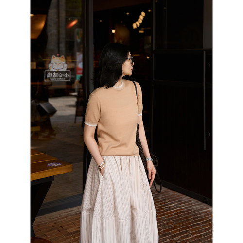 TOFOD  焦糖玛奇朵 真丝亚麻圆领短袖老钱风渐变针织T恤