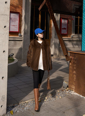 TOFOD 马哈根 本色水貂 中古款咖啡貂皮草外套宽松短大衣