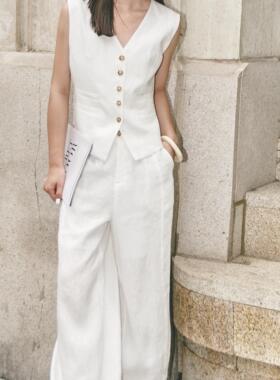 TOFOD 比利时进口亚麻马甲阔腿裤松弛感穿搭套装女洋气两件套