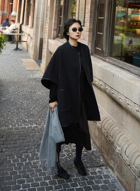 TOFOD 大M同源baby小山羊绒羊毛 拼皮宽松斗篷毛呢外套披肩大衣