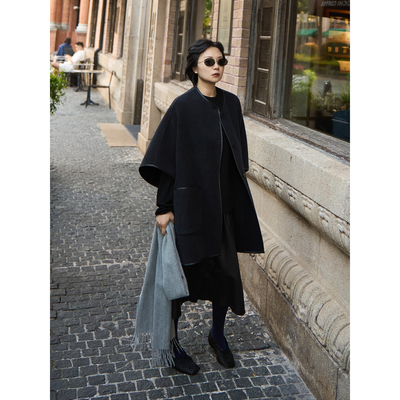 TOFOD 大M同源baby小山羊绒羊毛 拼皮宽松斗篷毛呢外套披肩大衣