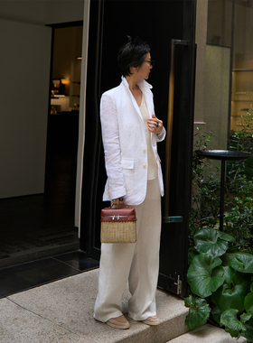 TOFOD 收藏家 丹麦进口软亚麻 老钱风竖领外缝线白色西装外套