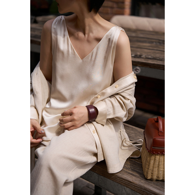 TOFOD 福利 香草咖啡 双层真丝吊带 高级背心V领上衣外穿内搭打底