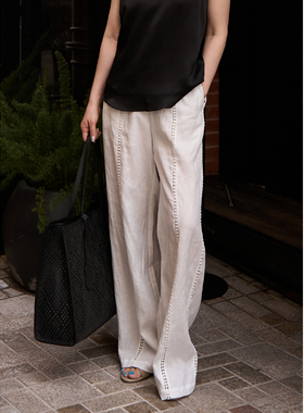 TOFOD 南法 进口亚麻刺绣白色宽松休闲长裤百搭小白裤