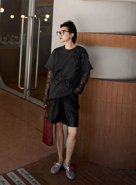 TOFOD 2IN1式 意大利珠奢世家 假两件蕾丝设计感T恤短袖上衣