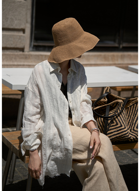 TOFOD 平行线 进口亚麻色织须须白色衬衫OVERSIZE宽松长衬衣