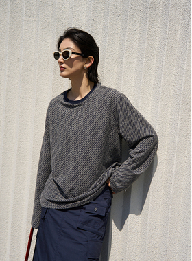 TOFOD 新航线 色织花纱棉 圆领长袖T恤女新款百搭条纹宽松上衣