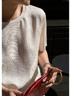 TOFOD 醉清风 真丝冠乐绉立体提花短袖T恤 百搭圆领上衣