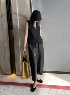 TOFOD 山本裤 英国进口植糅小羔羊皮哈伦裤 宽松九分阔腿裤皮裤女