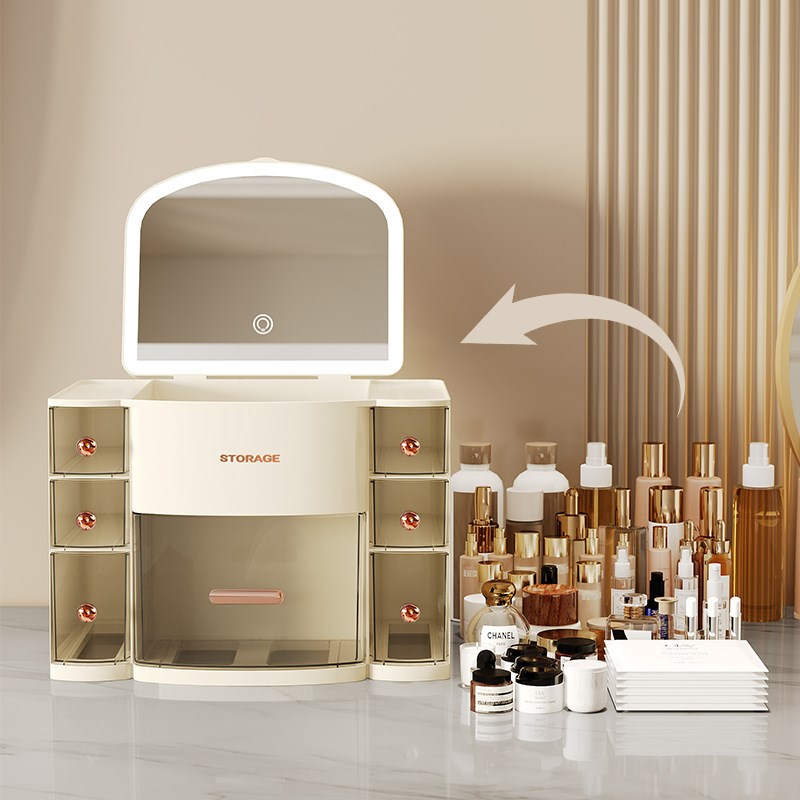 带镜子化妆品收纳盒三色带灯放护肤品化妆箱桌面抽屉式防尘置物架
