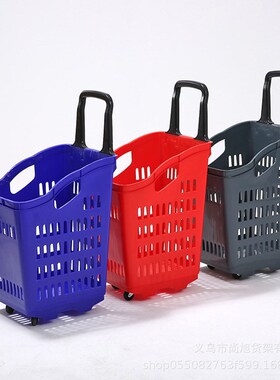 商场绿色四轮塑料拉杆篮超市高背板手推篮购物篮带轮子可丝印logo