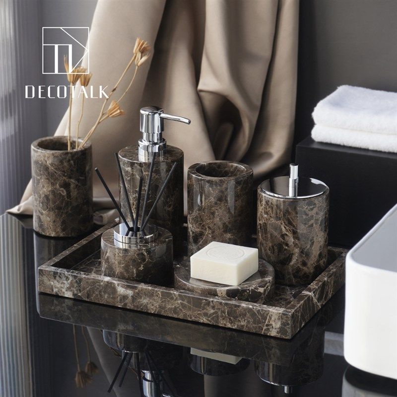 深啡天然大理石卫浴套件轻奢新中式浴室用品香薰托盘摆件纸巾盒