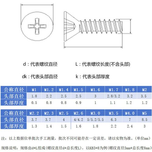 KB碳钢镀锌十字沉头平尾自攻螺丝钉平头螺钉小头自攻钉M1M2 M3M4M