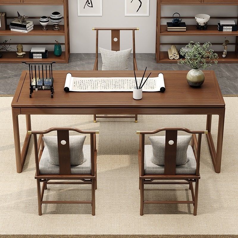 全实木电脑桌家用办公桌书房写字毛笔桌子新中式书法桌老榆木书桌