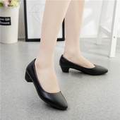 工作鞋 工鞋 女黑色软面粗跟中跟低跟职业面试上班高跟舒适皮鞋 正装