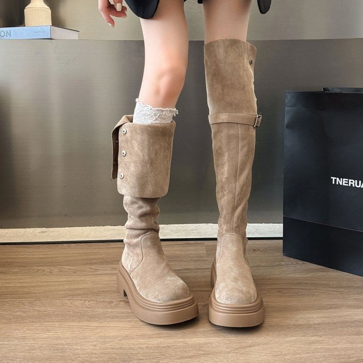 令戈工作室复古西部靴女冬加绒过膝长靴棕色长筒靴雪地靴骑士靴子