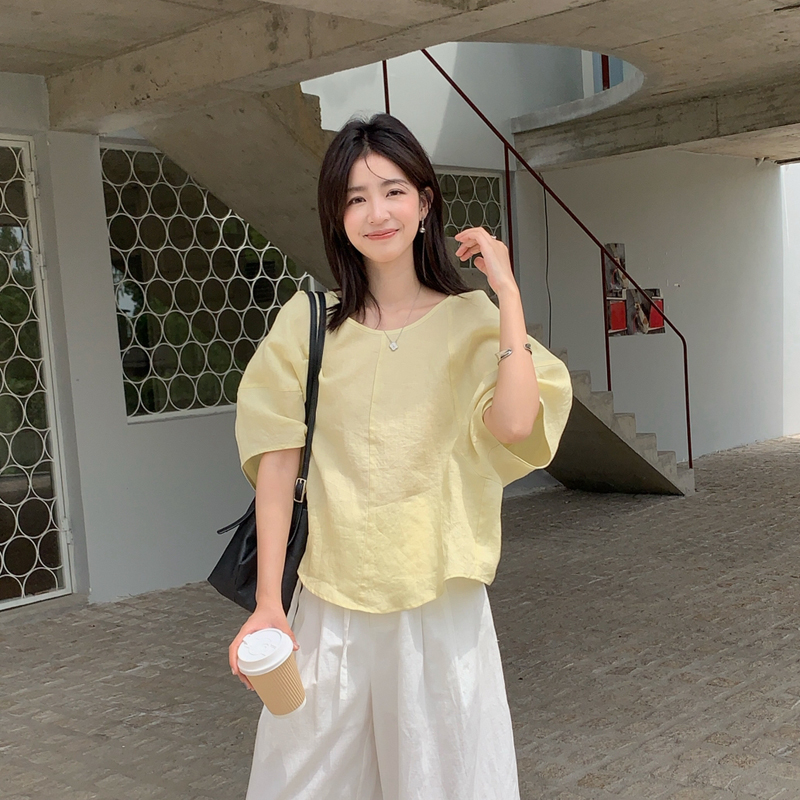 ONION正品100%苎麻小衫女2025夏款简约气质显白显瘦圆领衬衫上衣