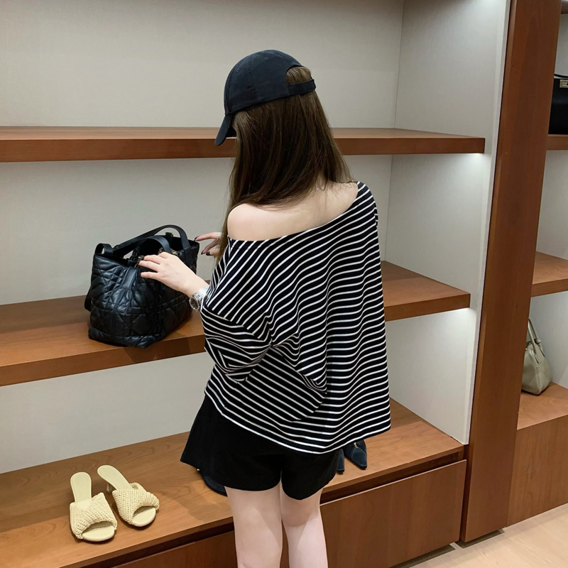 EASE正品2025夏季新款慵懒风宽松一字领露肩条纹短袖T恤女上衣棉