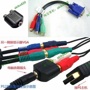 PS2 直连VGA显示器连接线 色差转VGA 送音频转接头+VGA引导盘