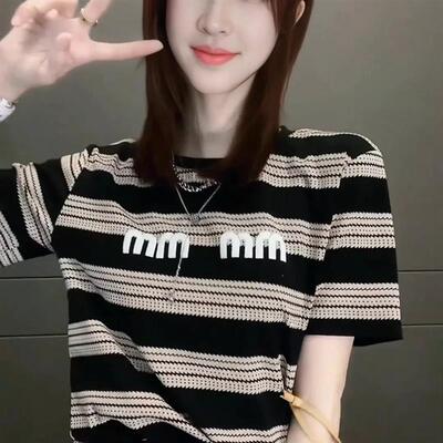 条纹字母2025夏季修身显瘦正肩圆领短袖t恤上衣SY24-30