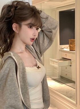 纯欲蕾丝花边灰色吊带背心女带胸垫内搭外穿短款修身设计感小众女