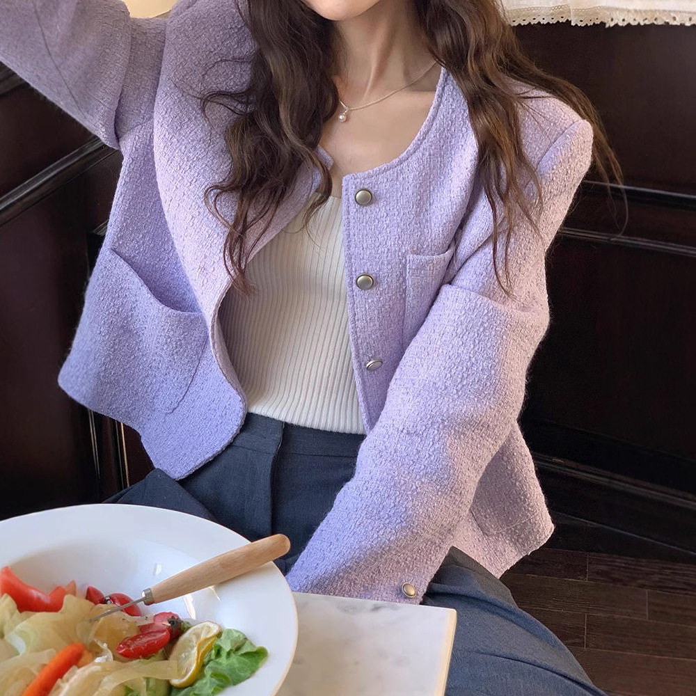 法式紫色小香风外套女装2025春秋新款复古高级感长袖宽松黄色上衣