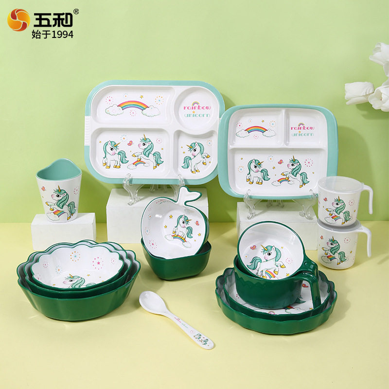五和独角兽密胺餐具食品级材质耐摔防烫卡通风格儿童碗盘水杯勺子