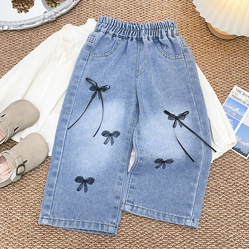 女童牛仔裤春秋季百搭直筒裤春季长裤子新款洋气蝴蝶结韩系女宝宝