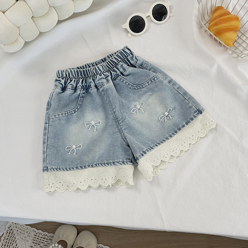 女童牛仔短裤百搭薄款花边短裤夏季新款女童外穿洋气中小童热裤潮