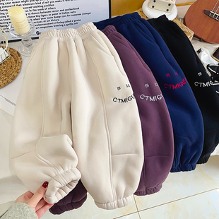 儿童保暖卫裤冬季加绒加厚粗针水洗男女童洋气弯刀运动休闲裤