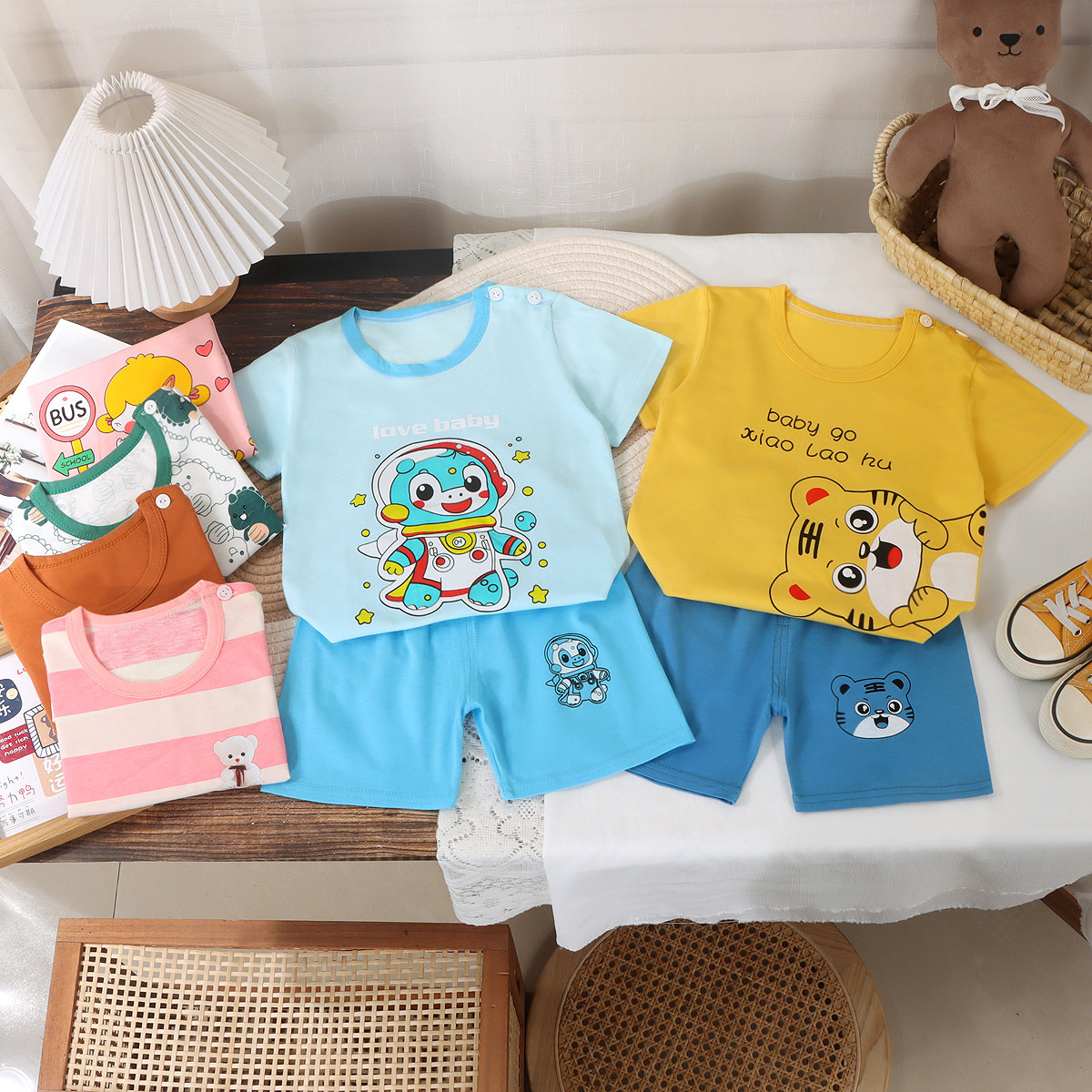 儿童纯棉T恤短袖套装两件套男童上衣女童夏季短裤外贸中小童卡通