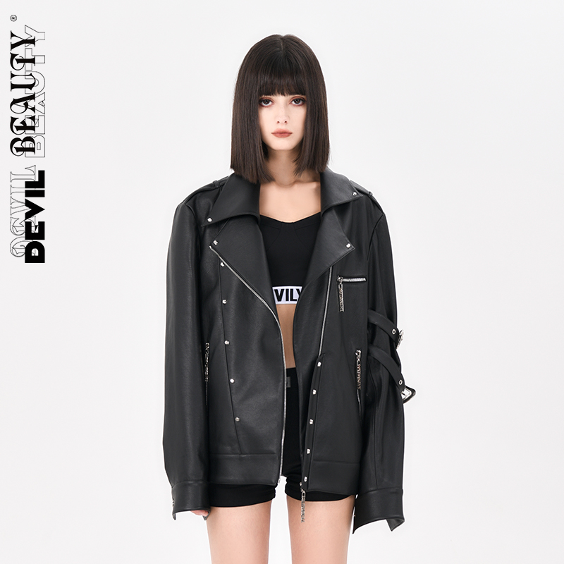 DevilBeauty新款不规则机车夹克女金属环翻领外套宽松时尚皮衣