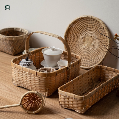 无即所有白竹器物手提竹篮子漏勺圆盘斗笠碗收纳手工编织工艺竹器