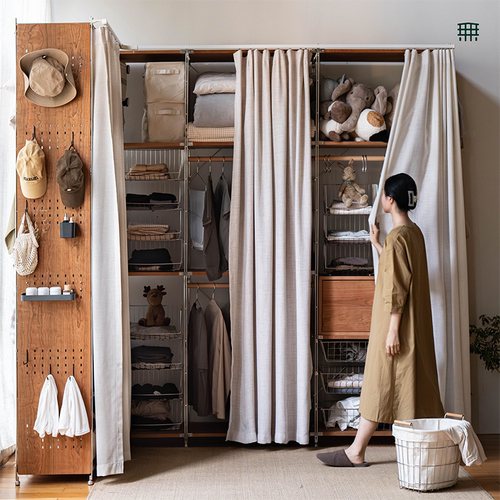 无即所有不锈钢实木衣帽架落地卧室防尘转角挂衣架开放式金属衣柜