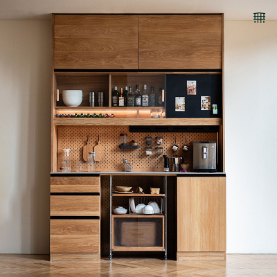 无即所有通顶餐边柜岩板日式樱桃木实木高酒柜餐桌一体靠墙储物柜