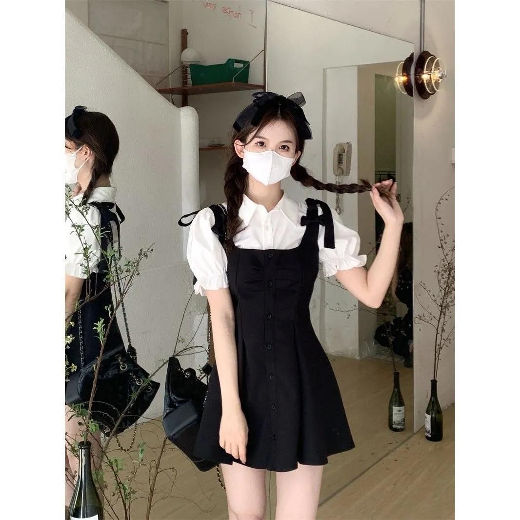 2023学院风背带裙套装泡泡袖衬衫女蝴蝶系带收腰连衣裙甜辣两件套