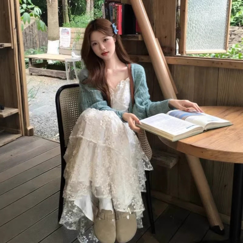 韩系温柔风两件套薄荷绿镂空开衫+蕾丝拼接蛋糕裙女时尚气质套装图片