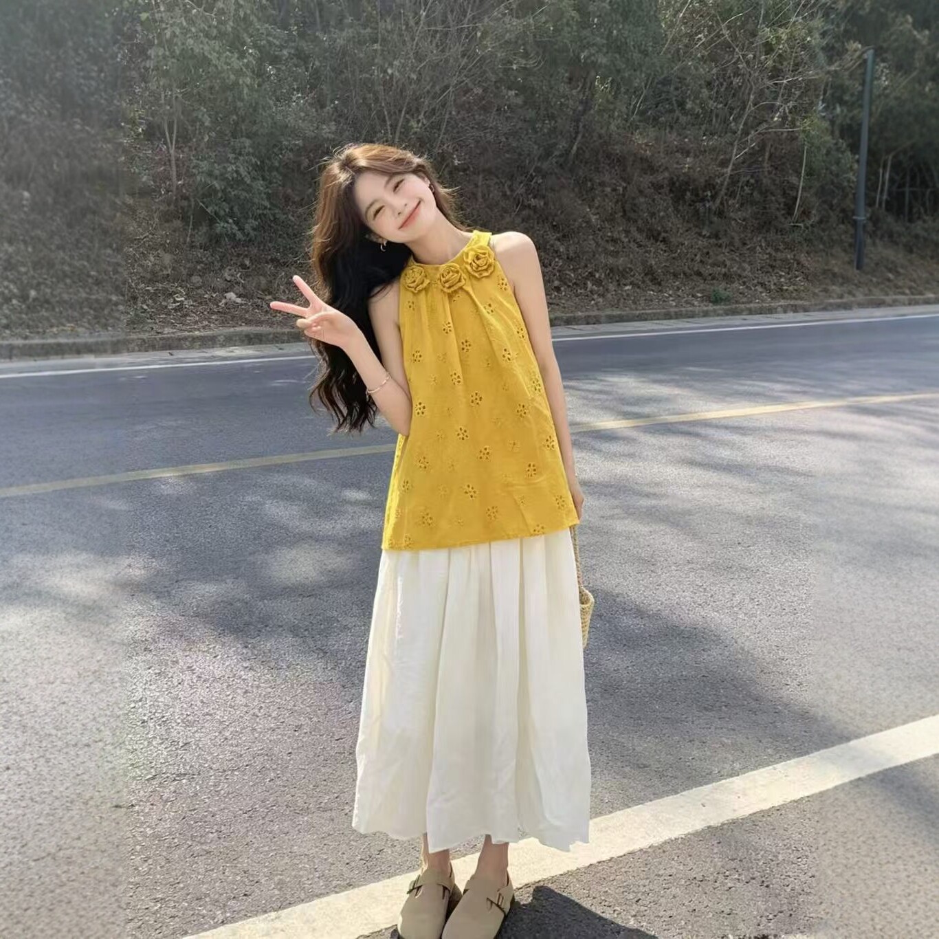 法式挂脖吊带裙套装女夏季海边度假两件长裙温柔风小清新穿搭