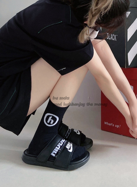 22ss潮牌圆圈小h字母LOGO春夏运动中筒绿色白色ins高街运动中筒袜