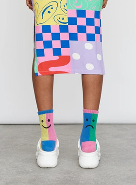 潮牌lazy oaf左右拼接撞色没头脑和不开心马卡龙配色笑脸中筒女袜