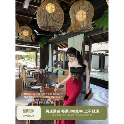 Sun雅乔【苏妲己】夏新款修身红黑撞色复古提花吊带长鱼尾连衣裙