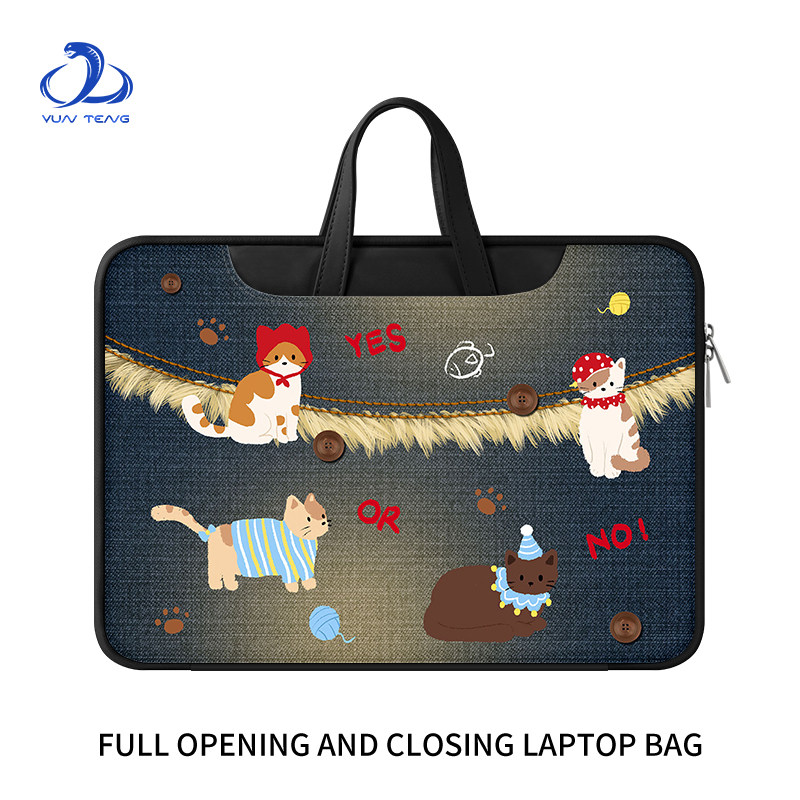 卡通可爱牛仔布猫咪手提电脑包14寸女生适用华为matebook内胆包苹果Macair13.3英寸笔记本保护套联想小新15.6