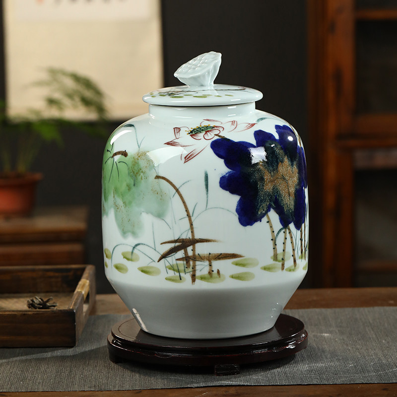 景德镇陶瓷手绘密封储物米缸油桶茶叶罐20/30/50斤家用带盖防虫潮