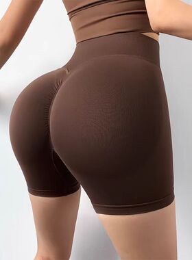 夏季蜜桃欧美健身短裤女高腰提臀瑜伽运动跑步训练透气速干三分裤